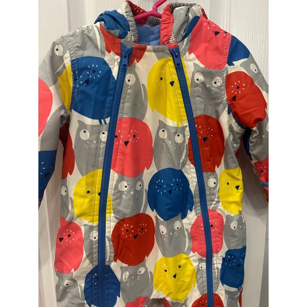 Baby Boden Owl Print Hooded Snowsuit Fleece Lined Blue‎ Red Yellow 12-18 Months